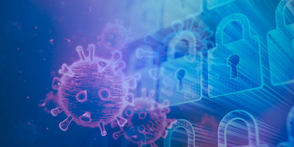 corona virus shown attacking secure locks to show data security and the pandemic
